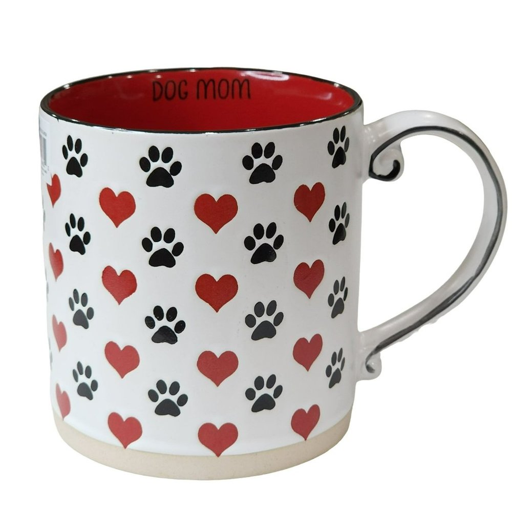 Spectrum DOG MOM‎ Black Paws And Red Hearts Printed Ceramic Coffee Mug 16 Oz